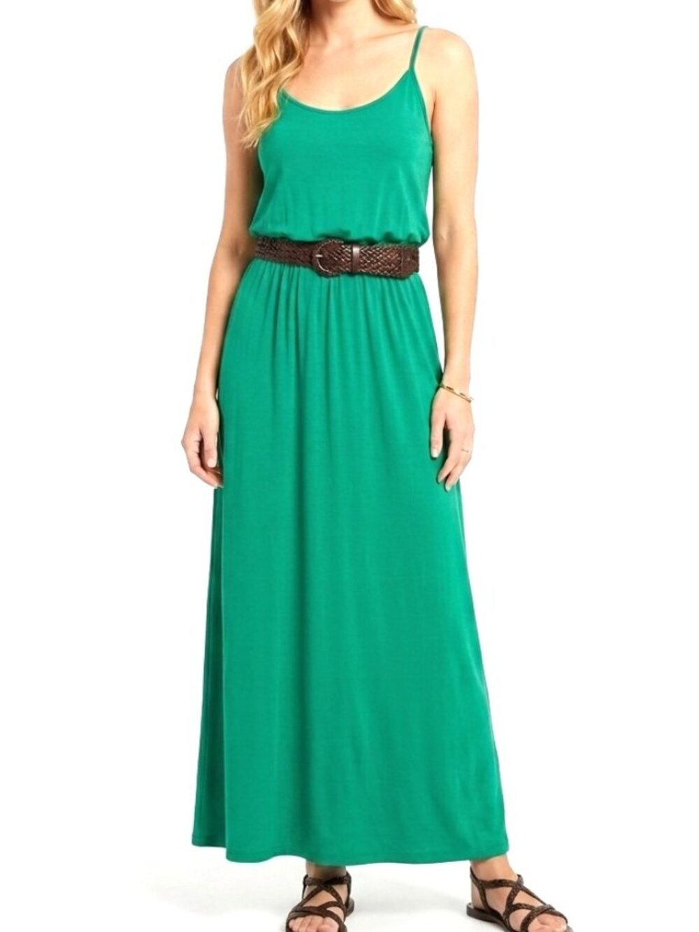 Lush Green Maxi Dress Adjustable Strap Cami Style Top Jersey Sundress Sz Lg- EUC